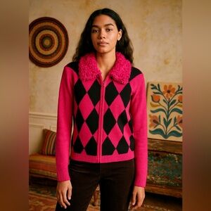 Lisa International Zip Sweater Womens Pink Black Diamond Chenille Frilly 90s Y2K